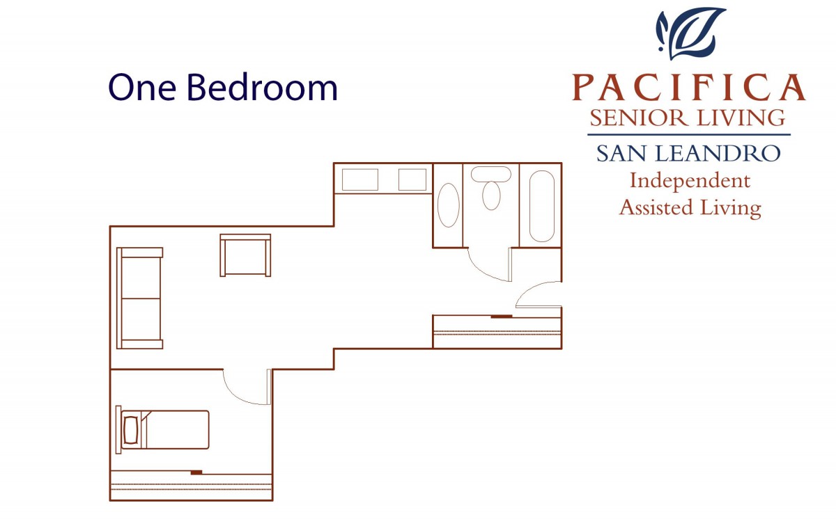 Floor plan of a one-bedroom apartment at a senior living community.