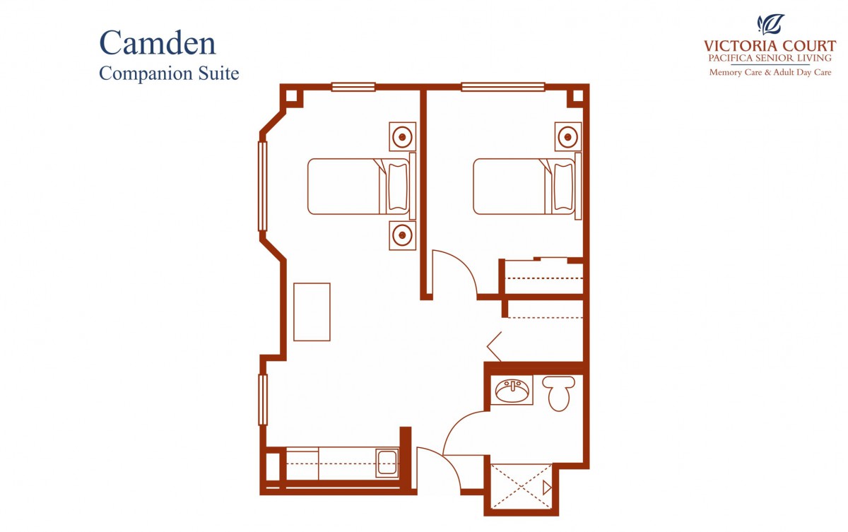 A floor plan of a two-bedroom apartment suite with a bathroom.