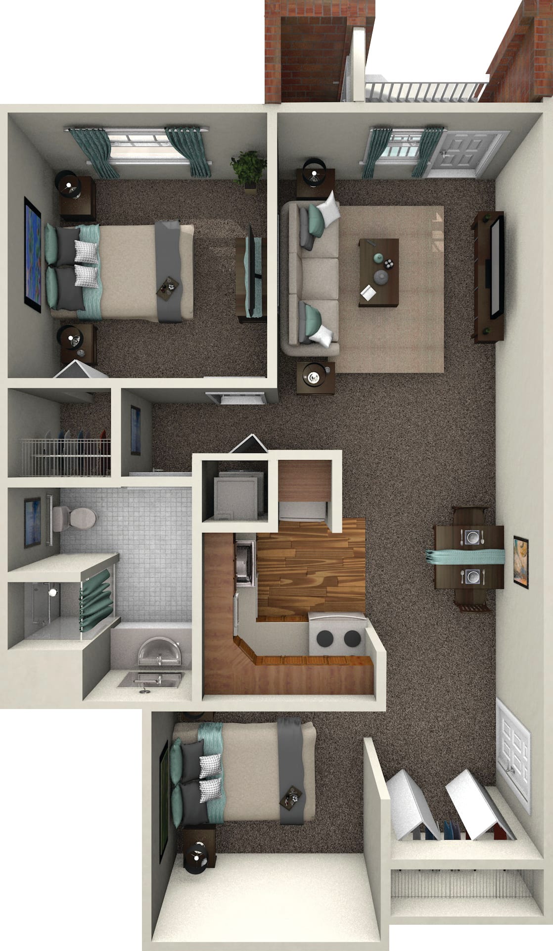 A 3D floor plan of a two-bedroom apartment featuring a living room, kitchen, and bathroom.