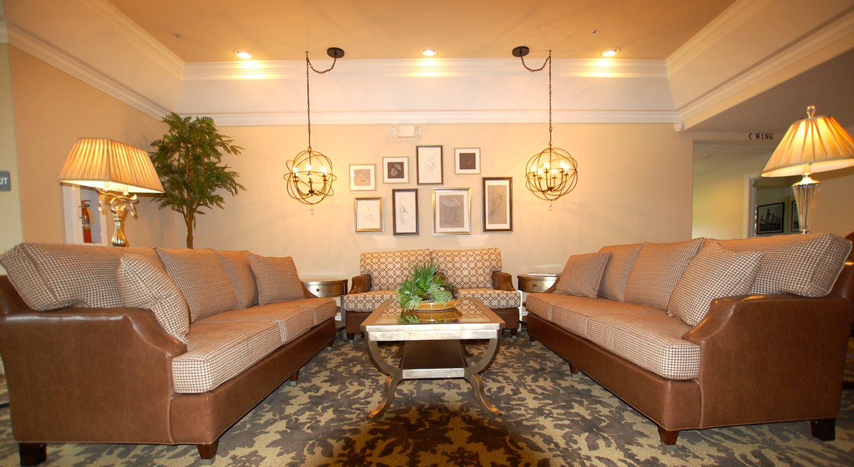 A cozy living room featuring two sofas, a central coffee table with a plant, framed art on the wall, and elegant pendant lighting.