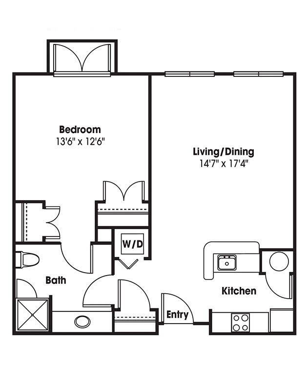 Floor plan of a one-bedroom apartment with living/dining area, kitchen, bathroom, and washer/dryer.