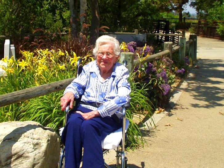An elderly person sitting in a wheelchair, enjoying a sunny day in the garden.
