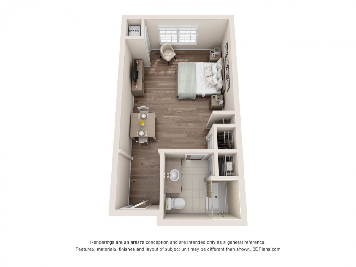 A 3D rendered floor plan of a compact bedroom apartment showcasing the layout with furniture and amenities.
