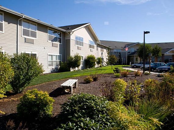 A landscaped garden area with a bench in front of a modern building under a clear blue sky.