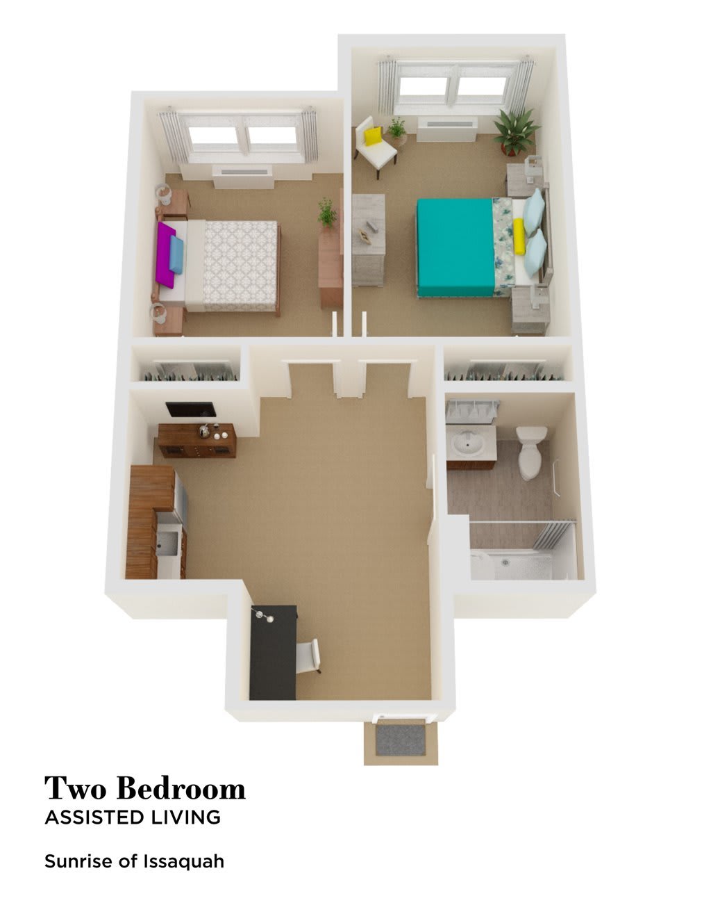 3D floor plan of a two-bedroom apartment with a kitchen, living area, and bathroom.