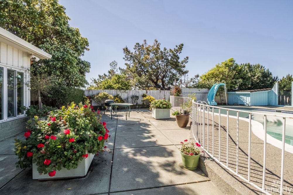 A beautiful outdoor patio area with a swimming pool and vibrant garden plants.