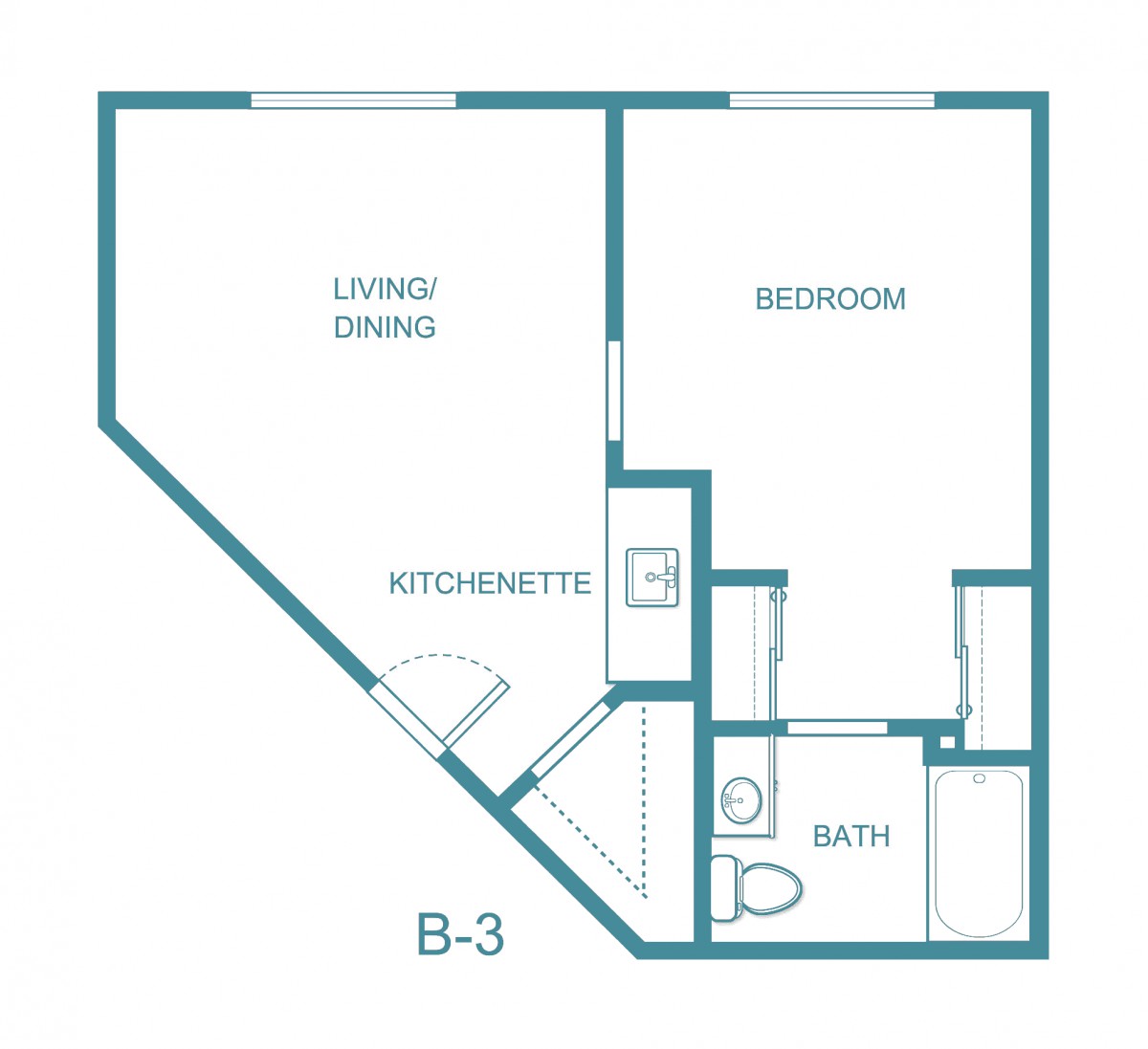 A one-bedroom apartment floor plan with a kitchenette and living area.