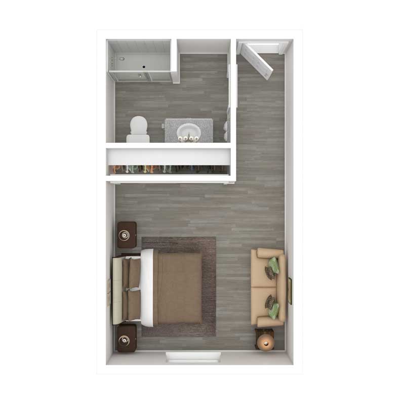 Top view of a compact bedroom floor plan with furniture layout.