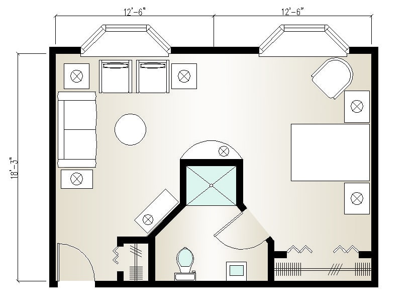 A floor plan depicting the layout of a bedroom with furniture placement.
