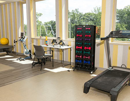 A bright, well-equipped gym with various fitness machines and a set of dumbbells.