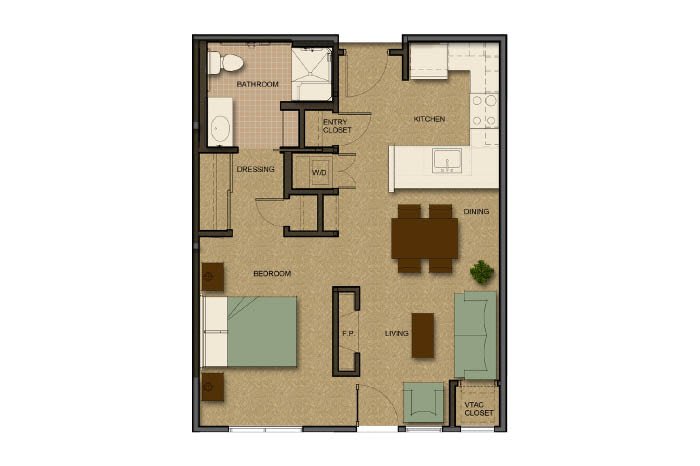 A floor plan of a one-bedroom apartment, including a bathroom, kitchen, living room, and dining area.