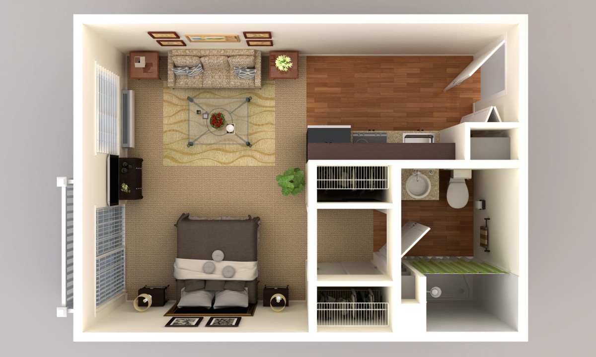 3D floor plan of a small apartment featuring a bedroom, living area, and bathroom.