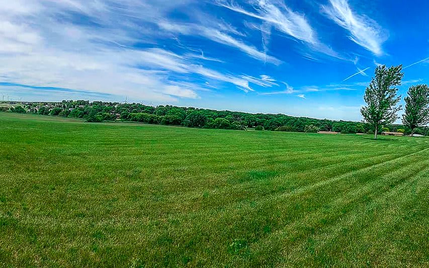 A vast green field under a clear blue sky with scattered clouds.