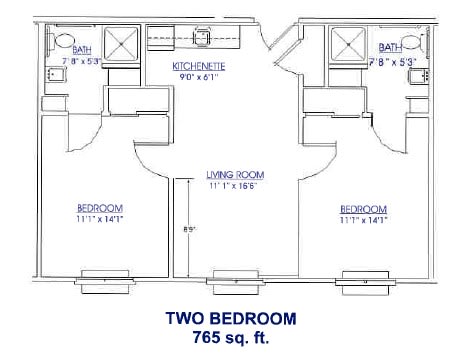 Two-bedroom apartment floor plan with a total area of 765 sq. ft.