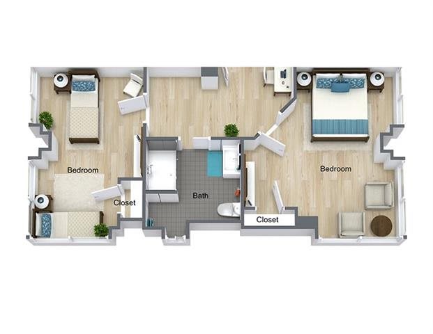 3D floor plan of a two-bedroom apartment with a bathroom and living space.