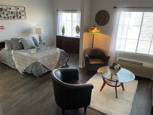 A cozy, modern bedroom with stylish furniture and ample natural light.