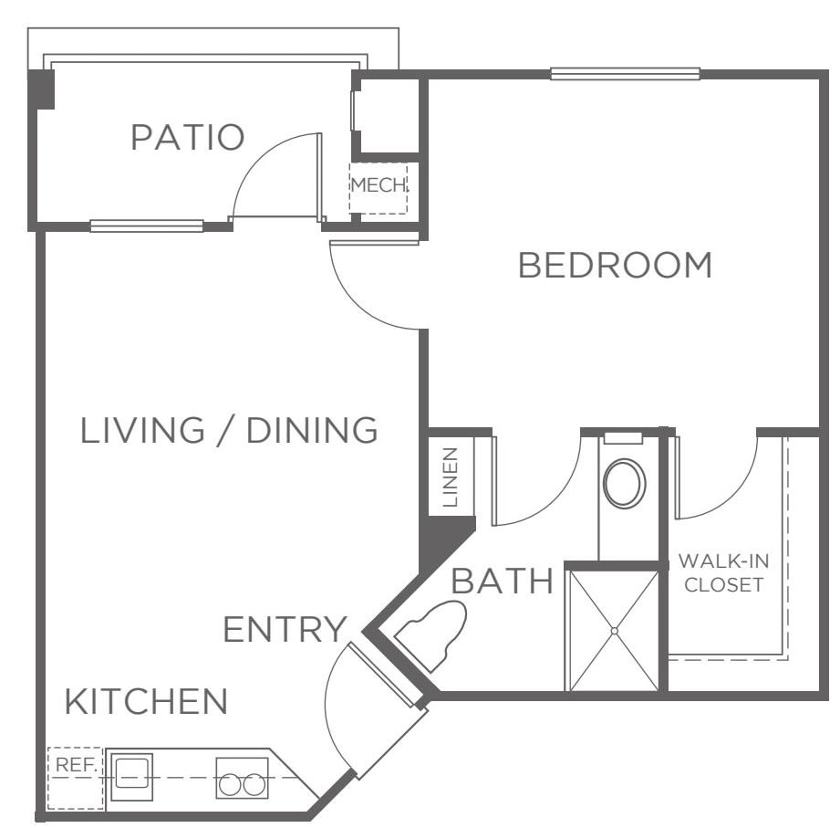 A floor plan of a one-bedroom apartment featuring a living/dining area, kitchen, bathroom, walk-in closet, and patio.