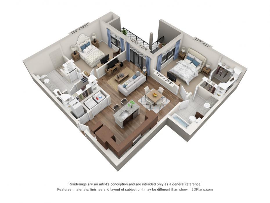 A 3D rendered floor plan of an apartment, showcasing two bedrooms, a living area, kitchen, and bathroom.