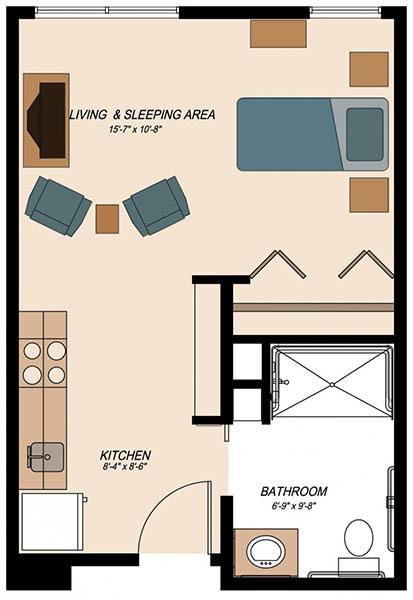 A floor plan of a studio apartment featuring a kitchen, living and sleeping area, and bathroom.