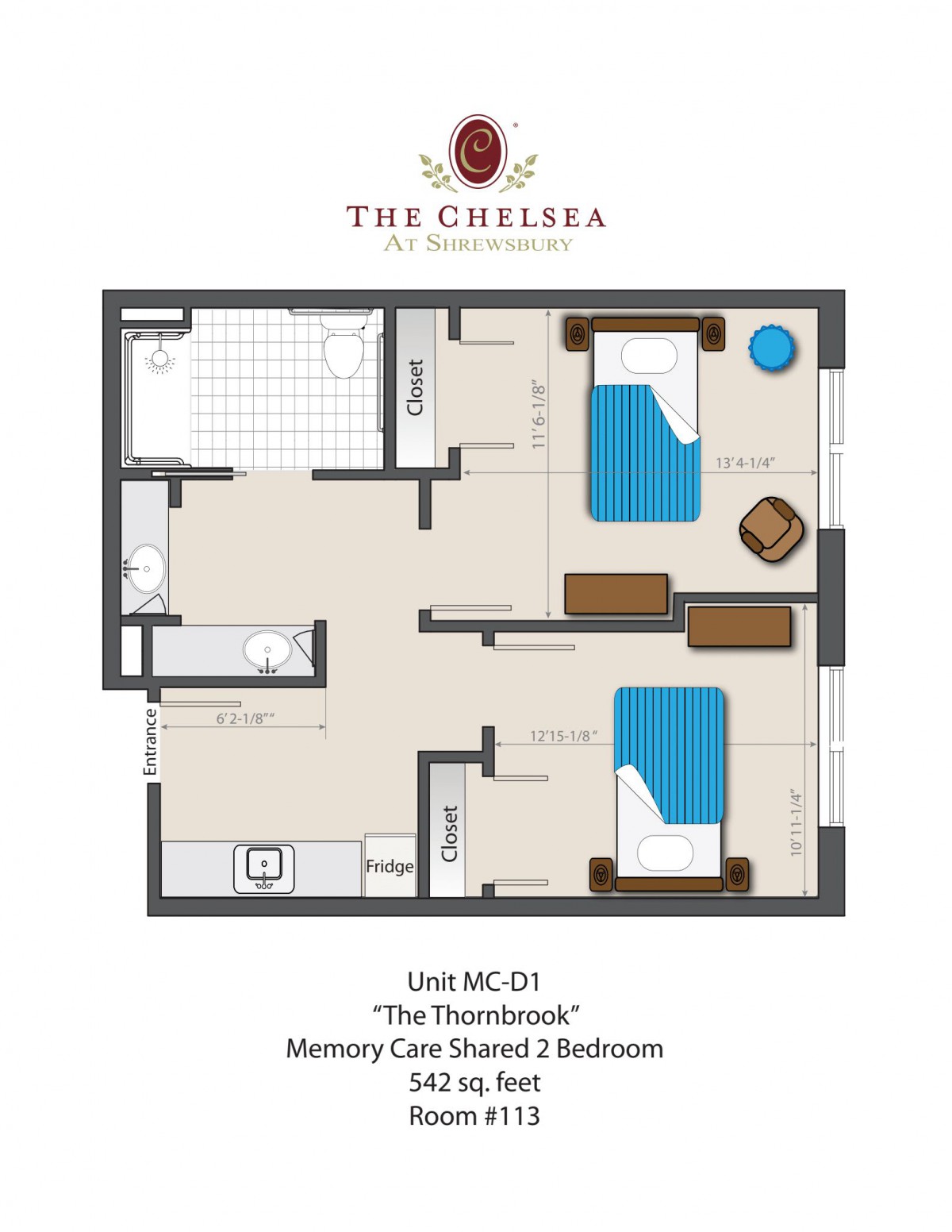 Floor plan of a shared two-bedroom memory care unit at The Chelsea.