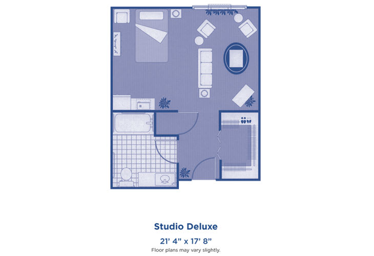 Floor plan of a Studio Deluxe apartment, showcasing the layout with furniture and dimensions.