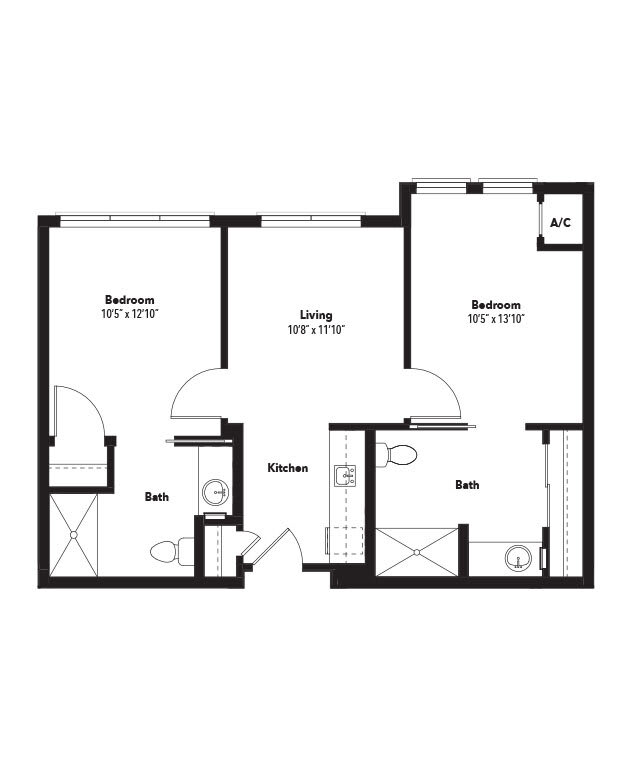 A floor plan of a two-bedroom apartment featuring a living room, kitchen, and bathroom.