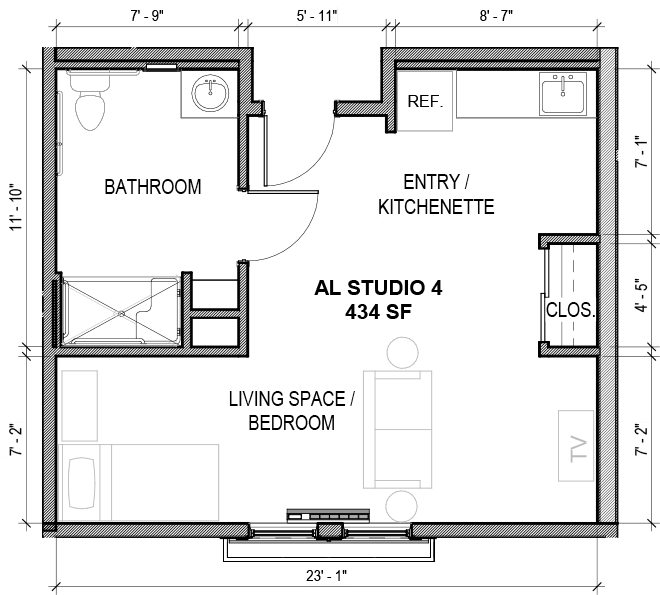A floor plan of a small apartment featuring a bathroom, entry kitchenette, living space/bedroom, and a closet.