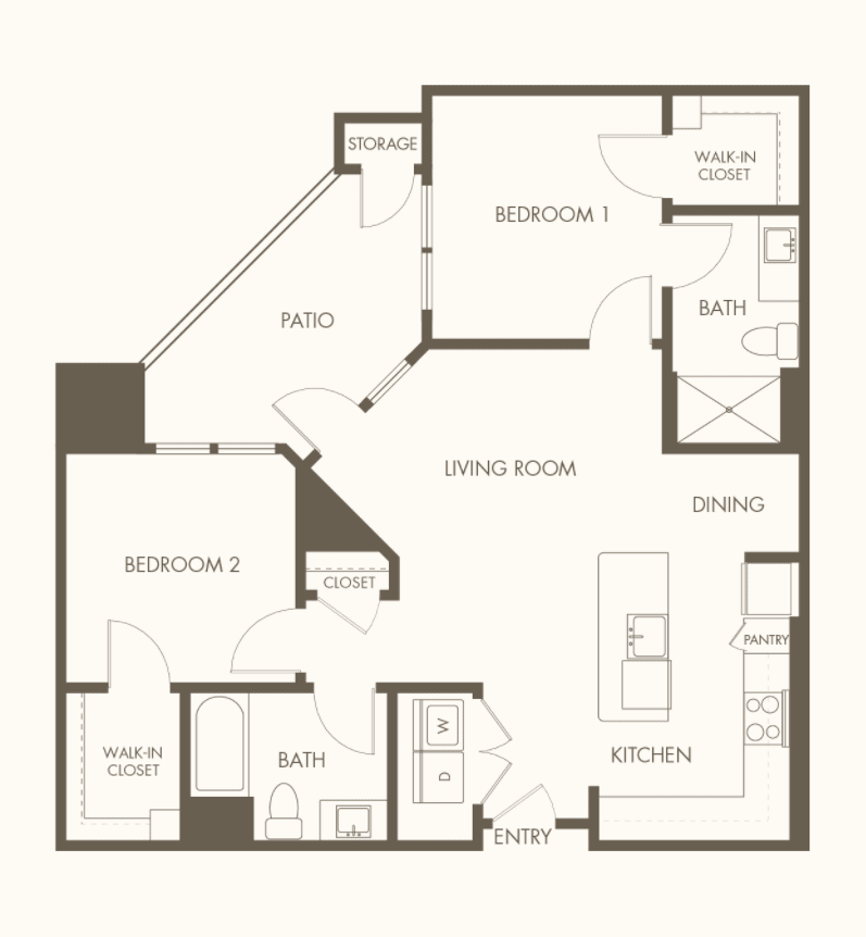 This image depicts a floor plan of an apartment featuring two bedrooms, a kitchen, living room, bathroom, and dining area.