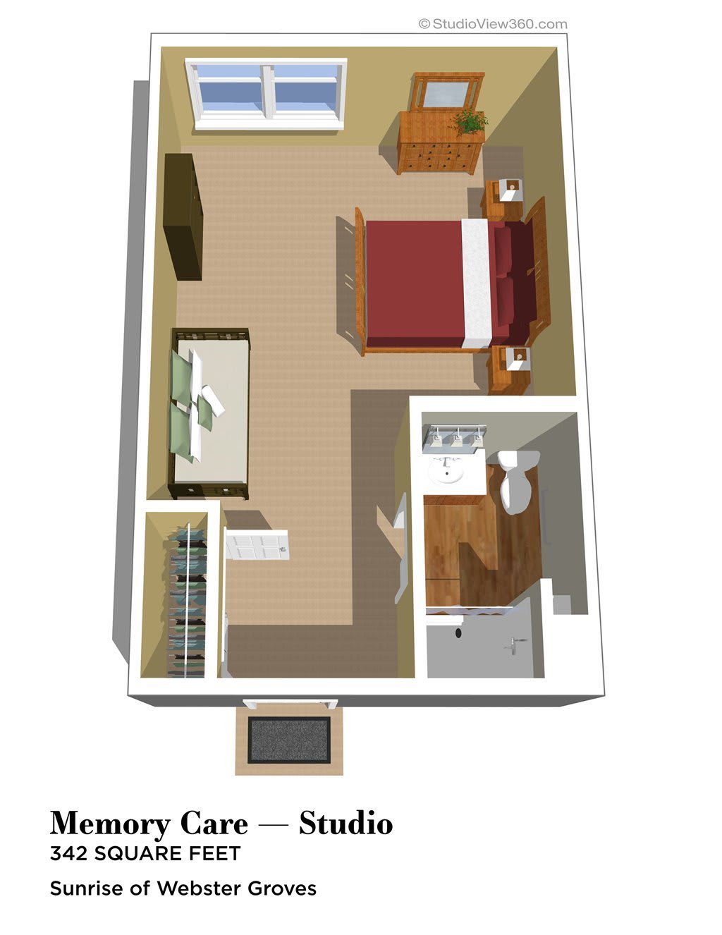 3D floor plan of a memory care studio apartment.