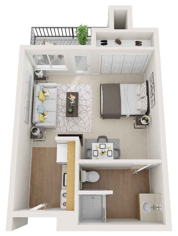 A compact and efficient 1-bedroom apartment layout with an open living area and a small balcony.