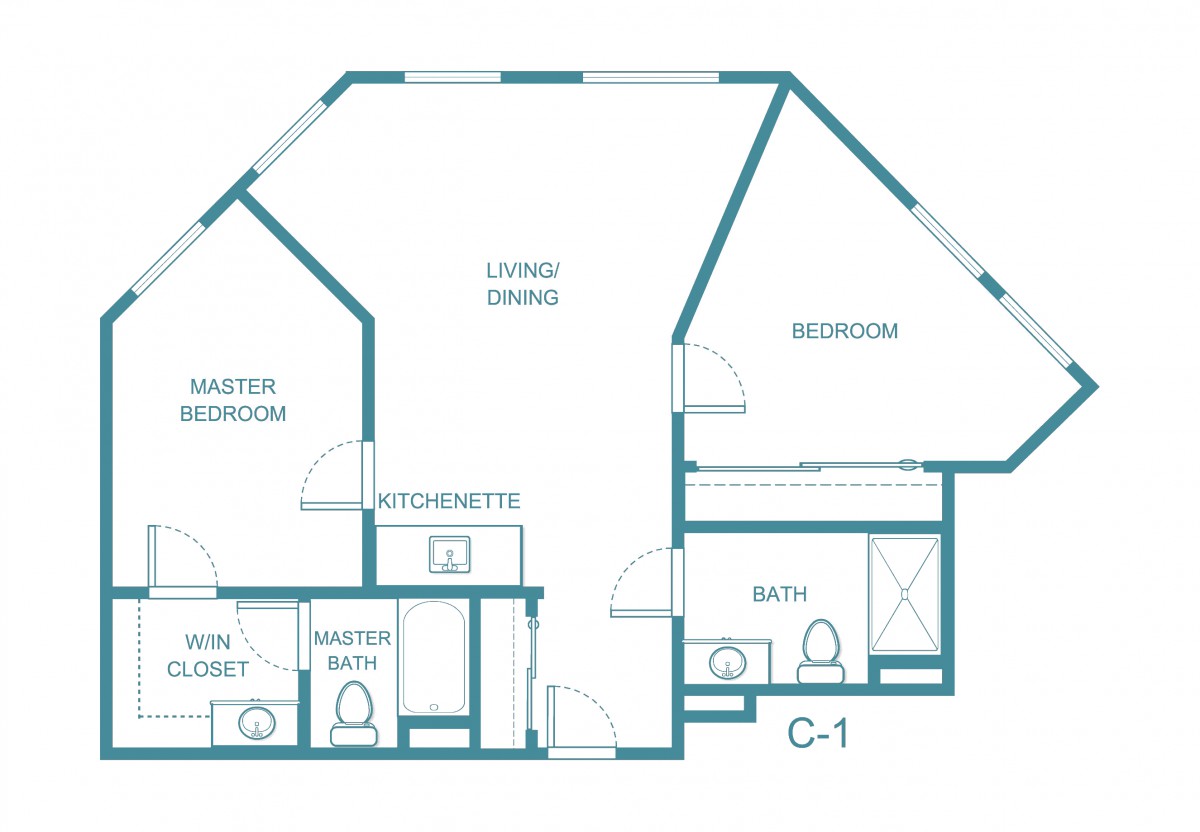 Floor plan of a two-bedroom apartment with labeled rooms including living/dining area, master bedroom, bathroom, and closets.