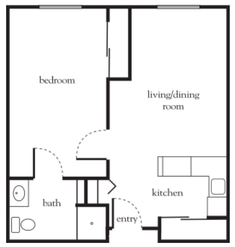 A simple floor plan of a one-bedroom apartment featuring a bathroom, kitchen, and living/dining area.