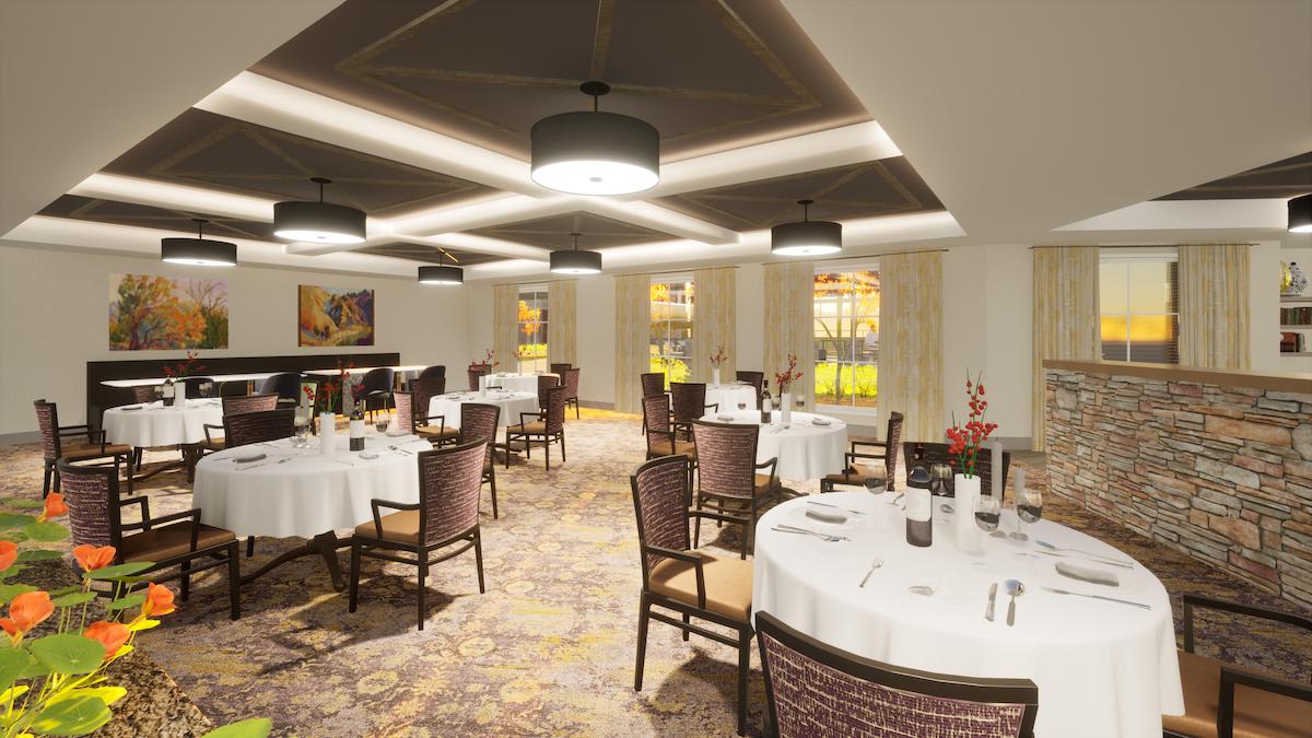 An elegant dining area with round tables, neatly set for guests, featuring stylish lighting and decor.