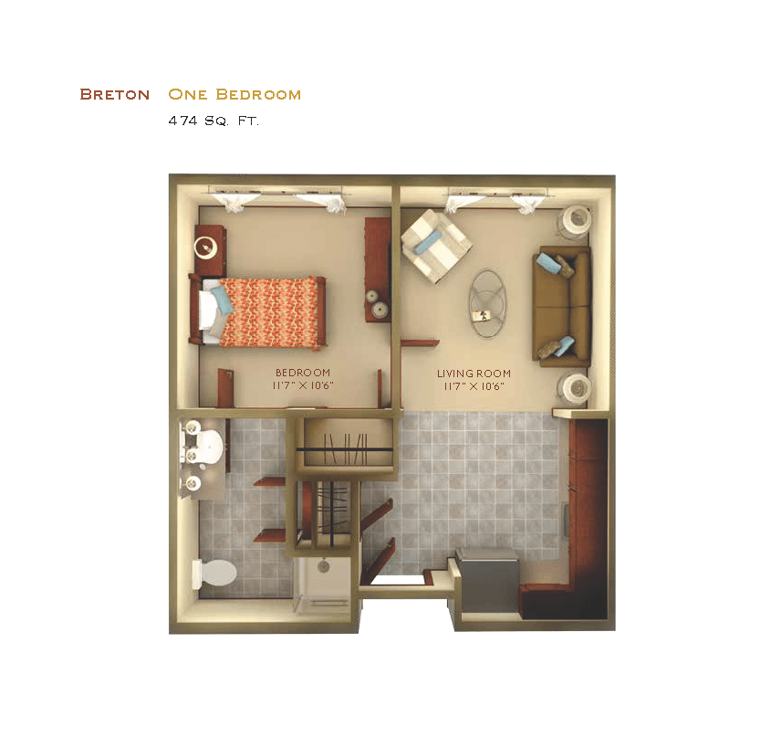 This image shows a floor plan of a one-bedroom apartment.