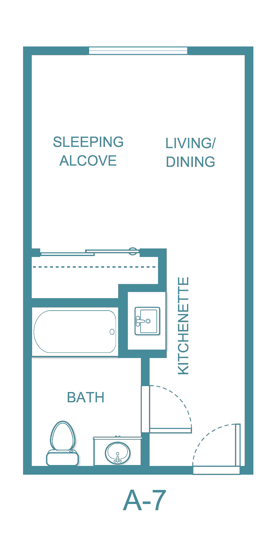 A floor plan of a studio apartment featuring a sleeping alcove, living/dining area, kitchenette, and bathroom.