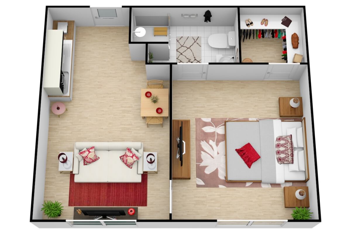 A top-down view of a one-bedroom apartment floor plan featuring a living room, bedroom, kitchen, and bathroom.