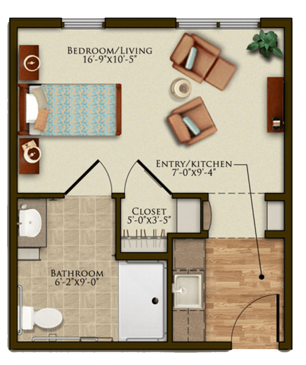 A compact apartment floor plan featuring a combined bedroom and living area, kitchenette, bathroom, and entryway.