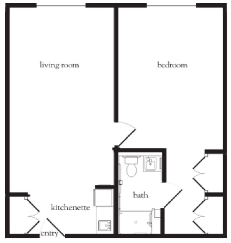 A one-bedroom apartment floor plan with a living room, kitchenette, and bathroom.