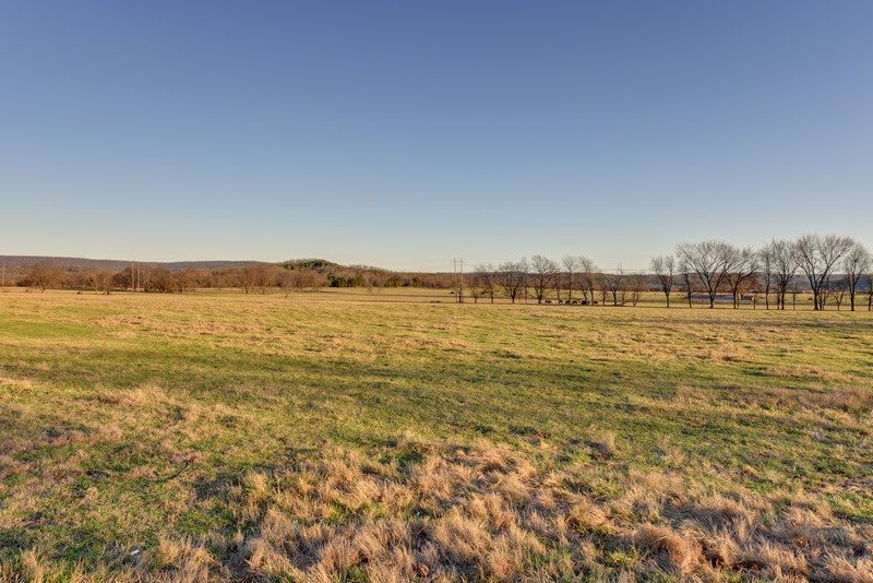 A scenic view of a grassy field with a line of trees under a clear sky at sunset.