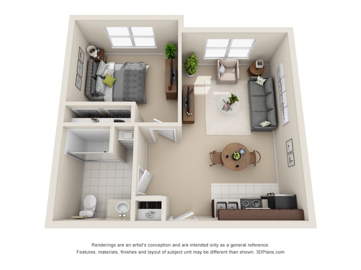 A 3D rendering of a one-bedroom apartment floor plan featuring a living room, kitchen, bedroom, and bathroom.