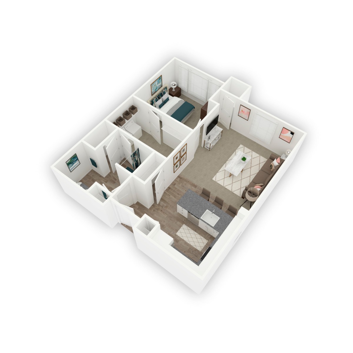 A 3D floor plan of a modern apartment layout showcasing the arrangement of rooms and furniture.