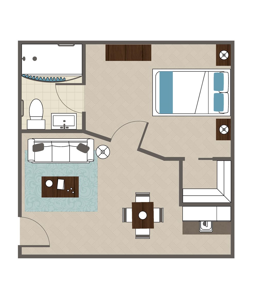 A simple one-bedroom apartment floor plan with a living room, kitchen area, and bathroom.