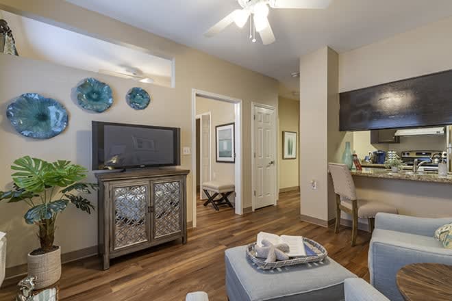 A cozy living room with modern decor, featuring wood flooring, a ceiling fan, and a TV on a mirrored cabinet.