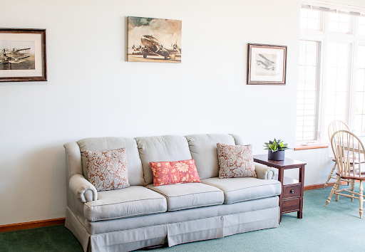 A cozy living room featuring a comfortable sofa adorned with decorative pillows, complemented by wall art and a small plant on the side table.
