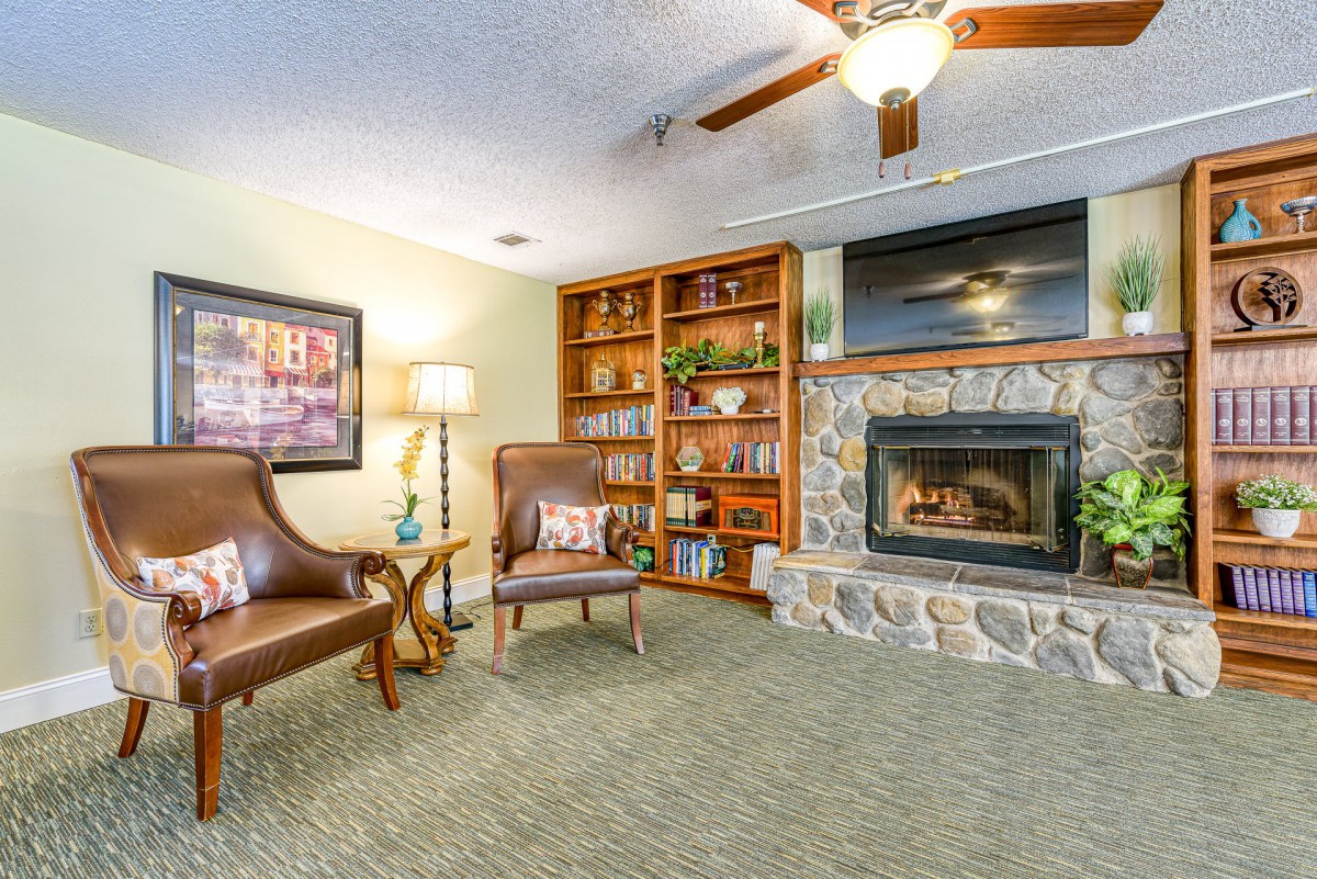 A cozy living room with a stone fireplace, comfortable armchairs, and a well-organized bookshelf.