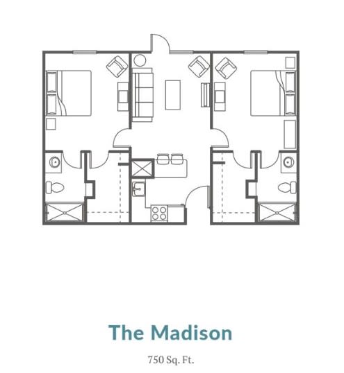 A detailed floor plan of an apartment labeled 'The Madison', featuring two bedrooms, two bathrooms, and a central living area.