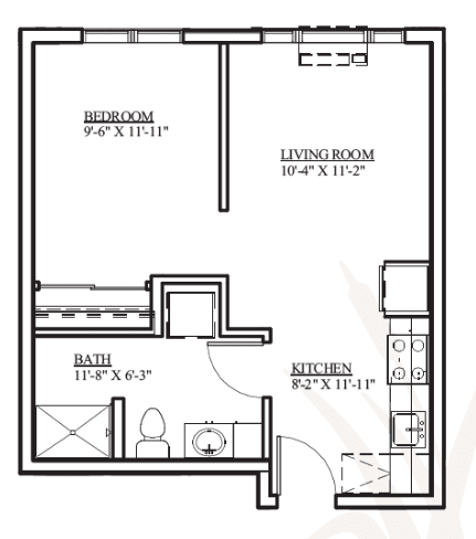 A floor plan of a one-bedroom apartment with designated kitchen, living room, and bathroom areas.