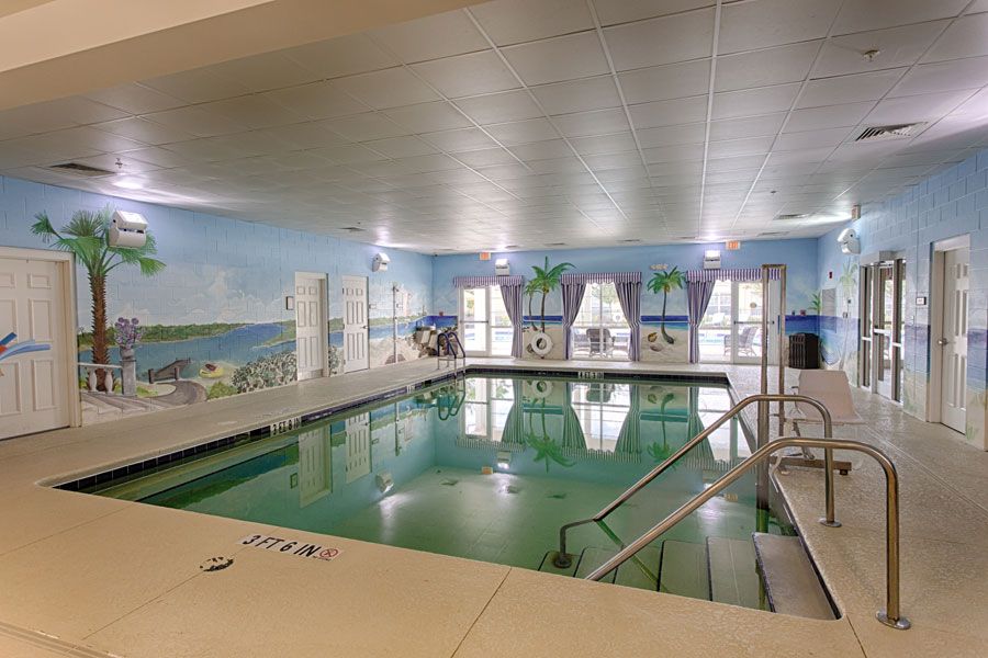 A serene indoor swimming pool with beach-themed murals and palm tree decorations.