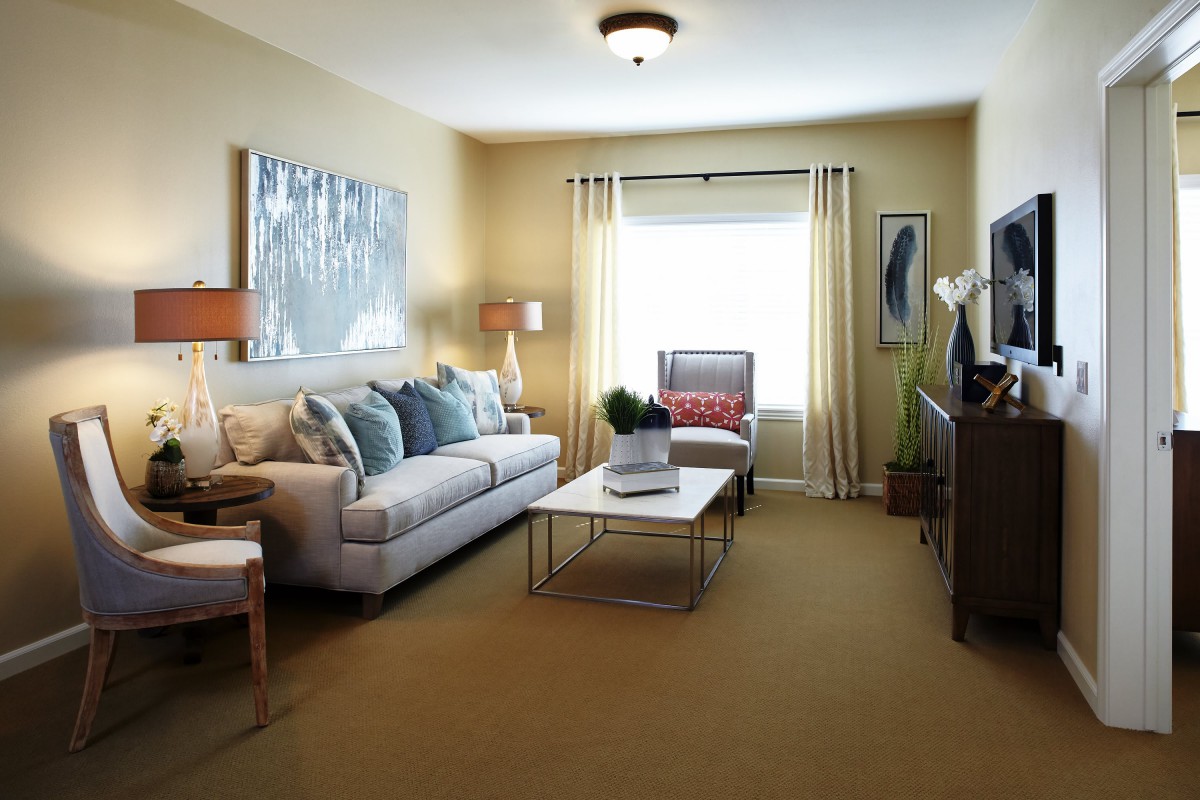 A cozy and well-decorated living room with a sofa, coffee table, and large window.