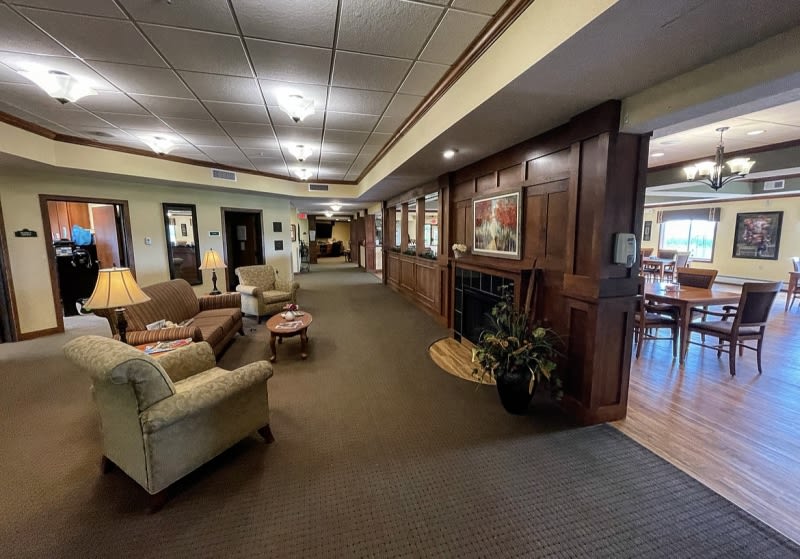 A spacious lobby with comfortable seating and elegant decor.